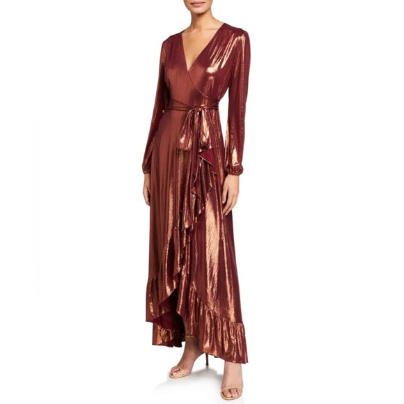 Wayf Women’s Gold Red Metallic Long Sleeve Wrap Dress Size XS - Picture 1 of 6